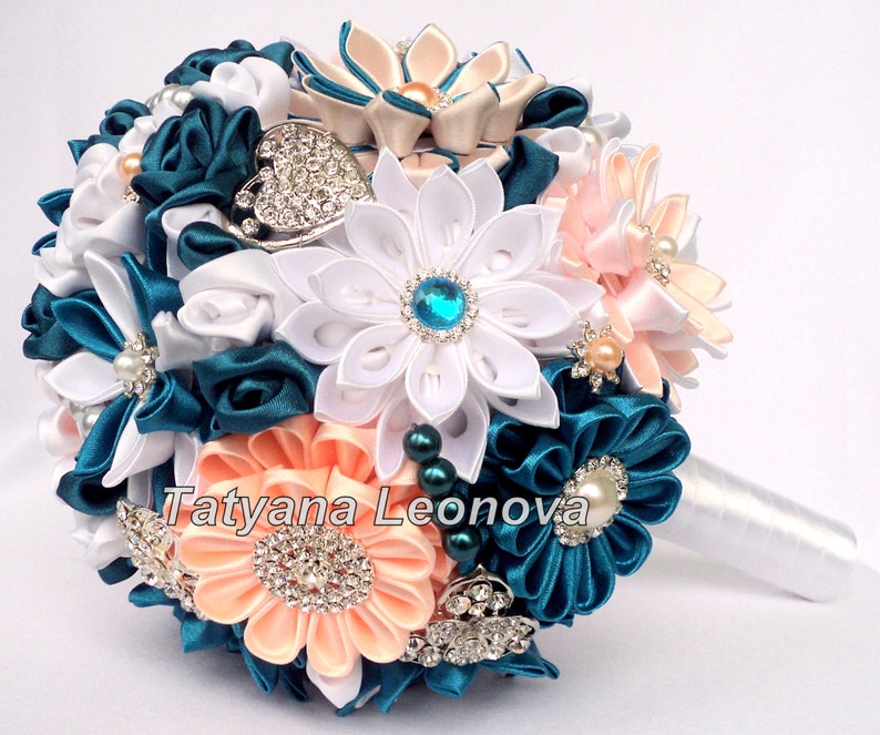 5 inches white and peach Brooch bouquet dark turquoise Wedding Bouquet