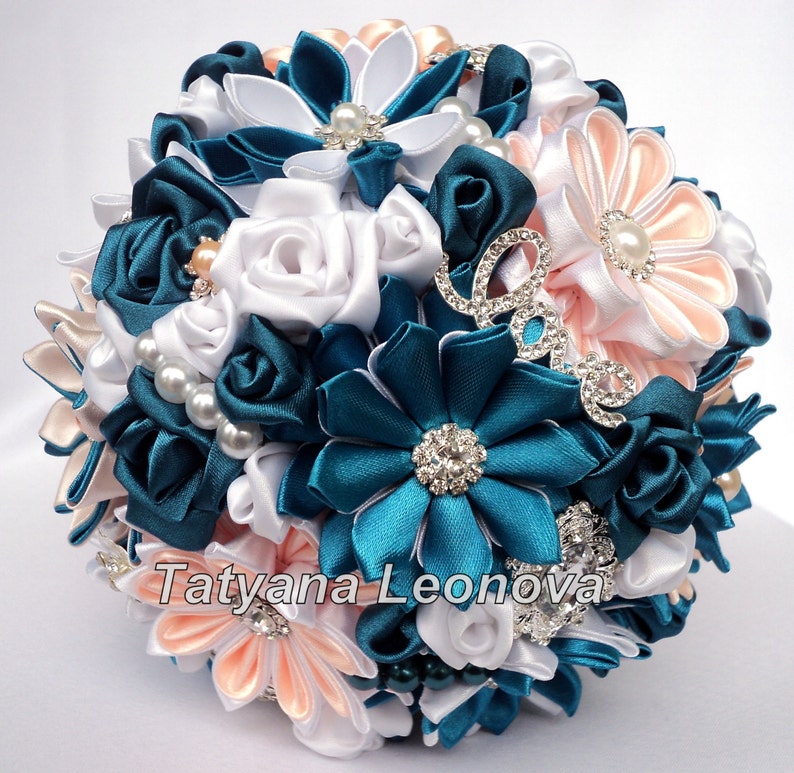 5 inches white and peach Brooch bouquet dark turquoise Wedding Bouquet