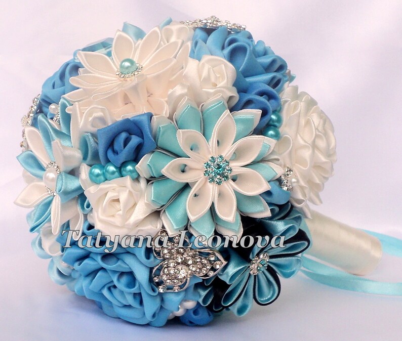 Blue Brooch bouquet Wedding Bouquet Black Ivory Silver 5 inches