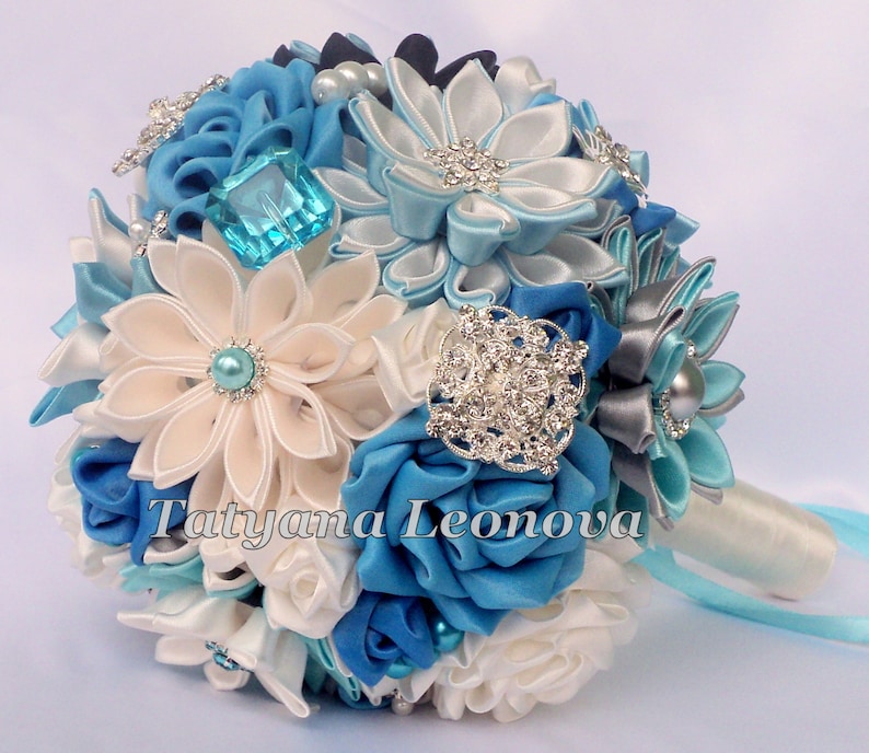 Blue Brooch bouquet Wedding Bouquet Black Ivory Silver 5 inches