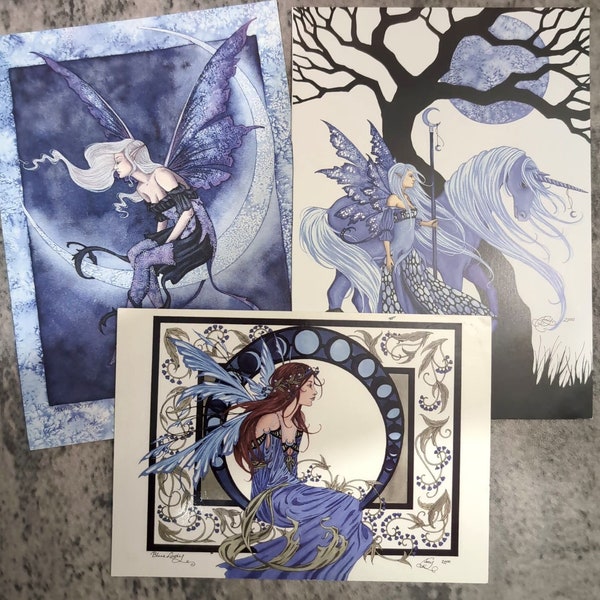 Art Nouveau Fairy three piece wall art. Vintage 90s Celestial Watercolour Fae, Fairy junk journal, Amy Brown Faerie Wings ephemera