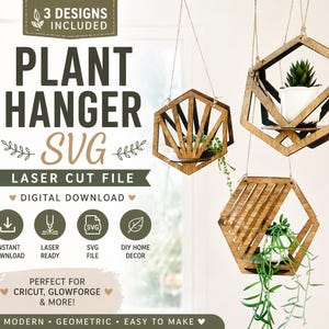 Może przedstawiać: Drewniane geometryczne wieszaki na rośliny o różnych wzorach, każdy z rośliną. Obraz zawiera tekst "Plant Hanger SVG Laser Cut File" i "Digital Download". Projekt jest nowoczesny i łatwy do wykonania.