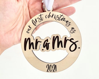 DiGITAL FILE - Mr. & Mrs. Ornament For Laser Cutter, SVG File, Just Married Ornament, 2021 Wedding Ornament, Glowforge cut file, First Xmas