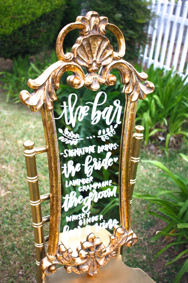 Hand lettered gold mirror bar menu for wedding Large gold | Etsy