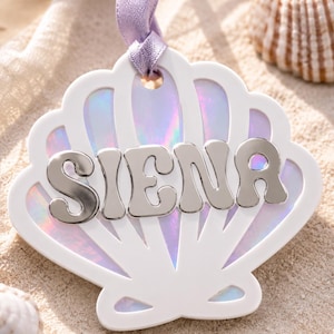 Etiqueta para bolso con diseño de conchas en capas SVG / Etiqueta personalizada para playa / Charm de concha acrílica iridiscente / Archivo SVG Glowforge / Archivo de corte láser xTool
