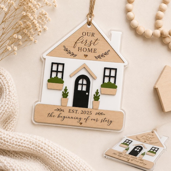Our First Home Ornament SVG | Layered Farmhouse House Ornament | Wood & Acrylic Laser Cut File | New Home Christmas Ornament | Glowforge SVG
