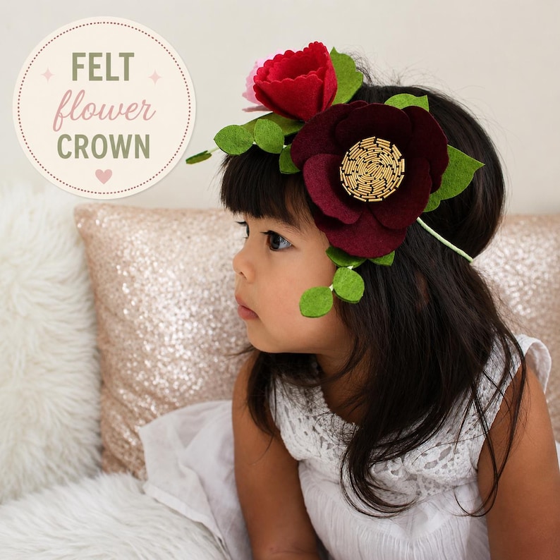 Felt Flower Crown for Girls, Burgundy and Blush Floral Headband, Flower Girl Crown, Toddler Flower Crown, Woodland Headpiece, Birthday Prop image 1