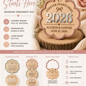 Op de afbeelding: Een trouwornament met een geschulpte rand, voorzien van de gegraveerde tekst "FOREVER STARTS HERE" en "2026", samen met de namen "ALLISON & CARTER" en de datum "JUNE 21, 2026". Het ontwerp bevat een klein hartje en een lint om op te hangen.