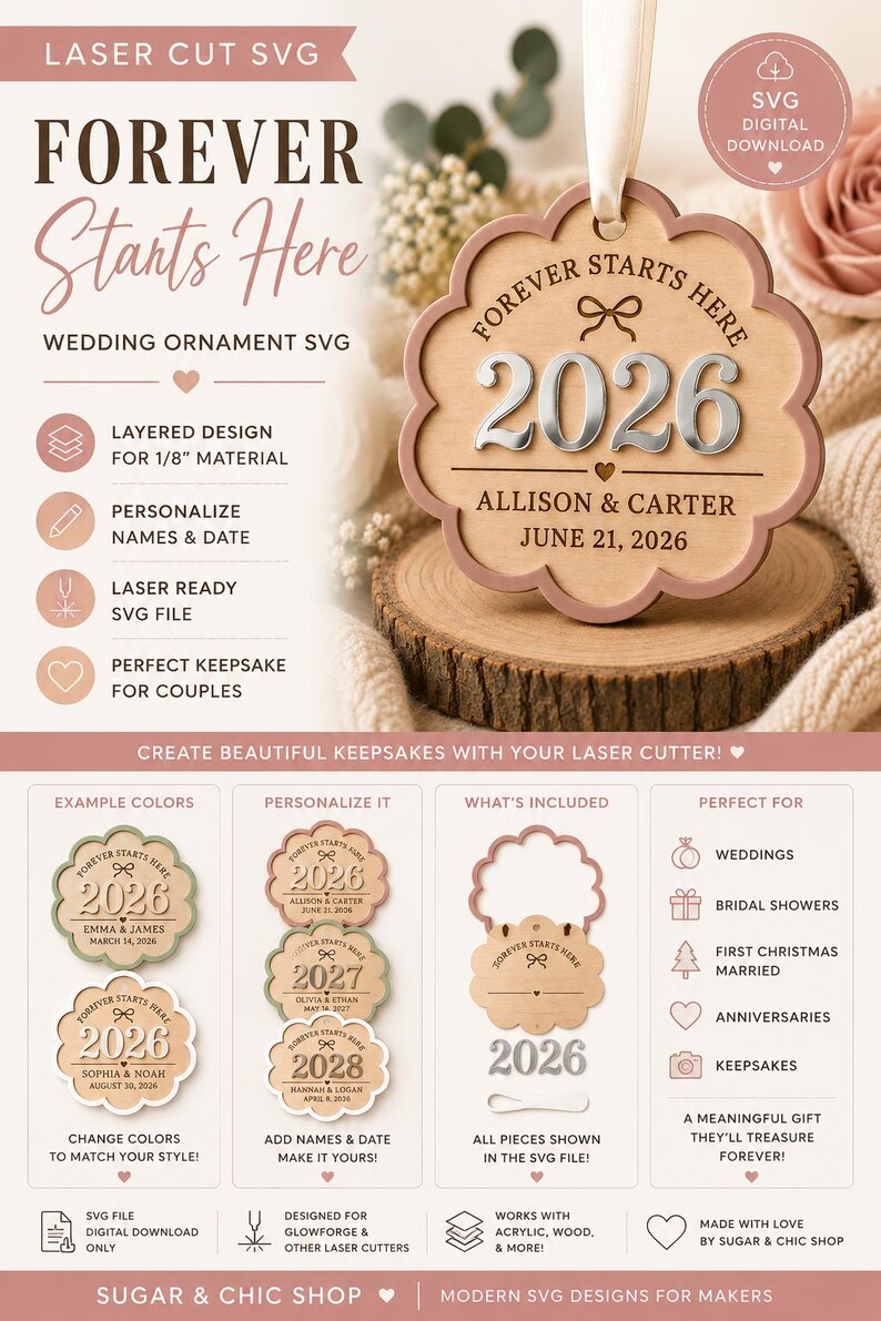 Op de afbeelding: Een trouwornament met een geschulpte rand, voorzien van de gegraveerde tekst "FOREVER STARTS HERE" en "2026", samen met de namen "ALLISON & CARTER" en de datum "JUNE 21, 2026". Het ontwerp bevat een klein hartje en een lint om op te hangen.