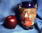 Satsuma Moriage Cobalt Blue Hexagon Vase, Early 1900 39 s, Free Shipping (113)