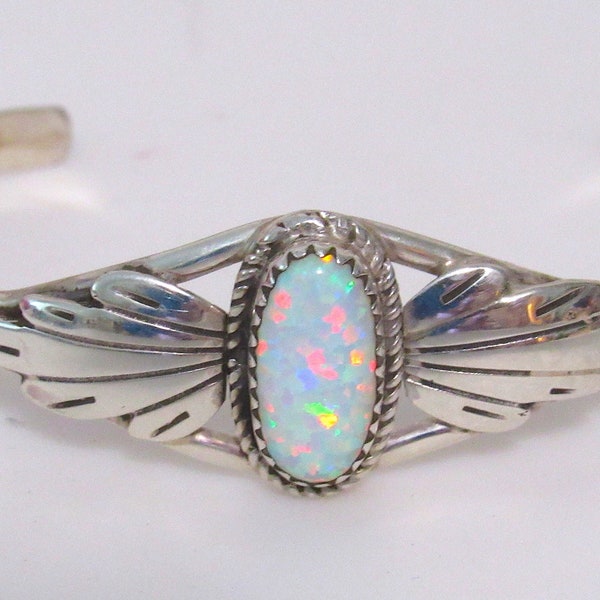 Navajo Opal Bracelet Sterling Silver Stacker Cuff Vintage Native American Navajo Signed Lutricia Yellowhair