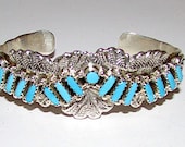 Vintage Zuni Sterling Silver Sleeping Beauty Mine Turquoise Statement Cuff Bracelet Needlepoint Design Old Pawn Native American Jewelry