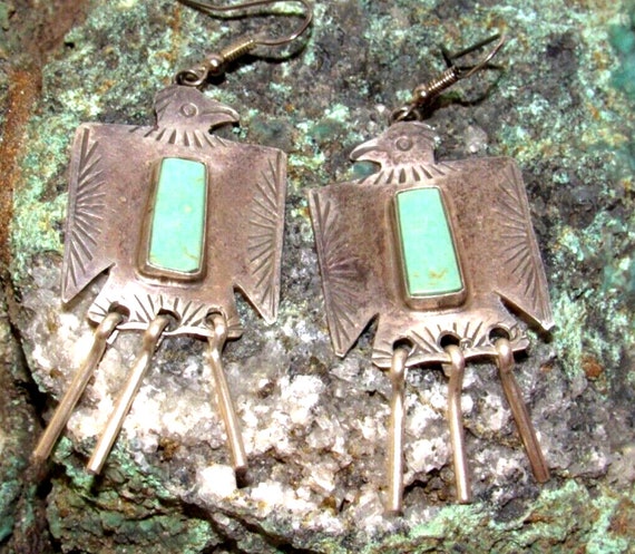 VTG Navajo Thunderbird Earrings Hand Stamped Ster… - image 3