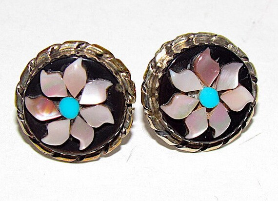 Vintage Southwest Native Tribal Sterling Silver Inlay Turquoise MOP Jet Post Earrings
