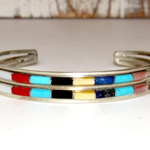 Zuni Turquoise Multi Stone Inlay Stacker Cuff Bracelet Sterling A. Wallace