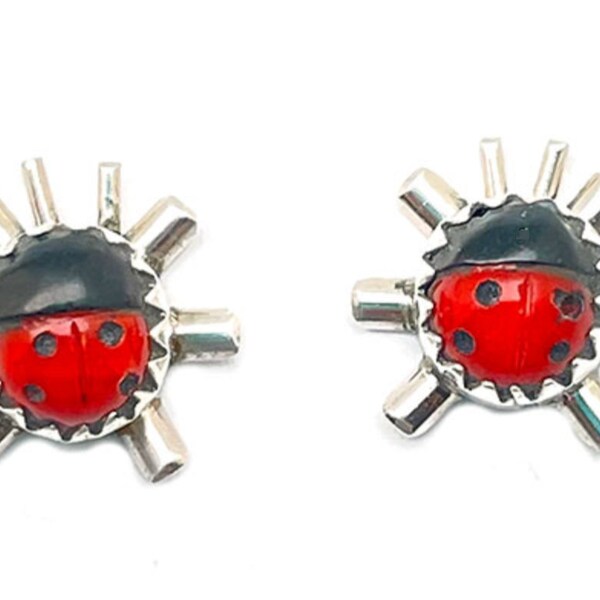 Navajo Lady Bug Inlay Post Earrings Coral Jet A. McCabe