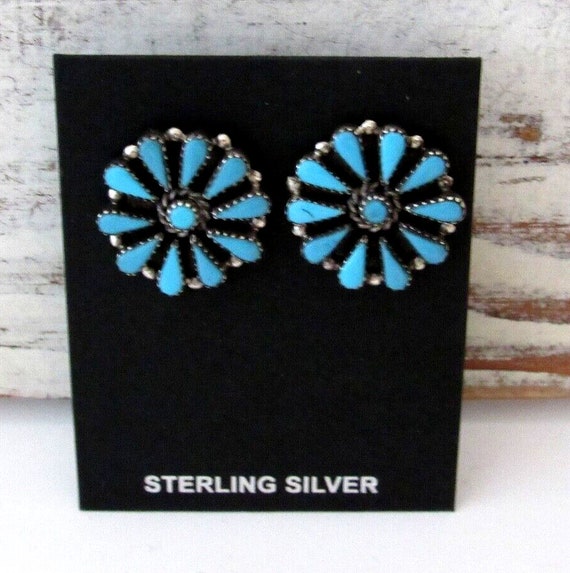 Zuni Turquoise Cluster Earrings Sterling Silver - image 3