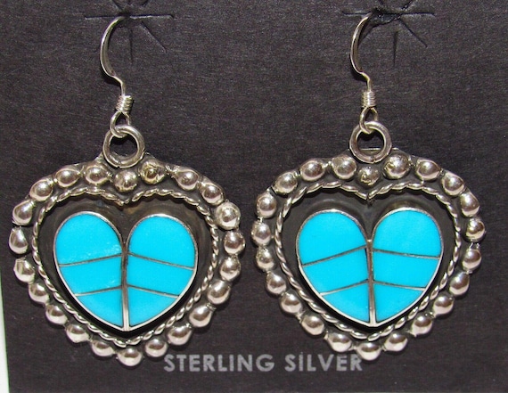 Zuni Turquoise Inlay & Sterling Silver Heart Dang… - image 1