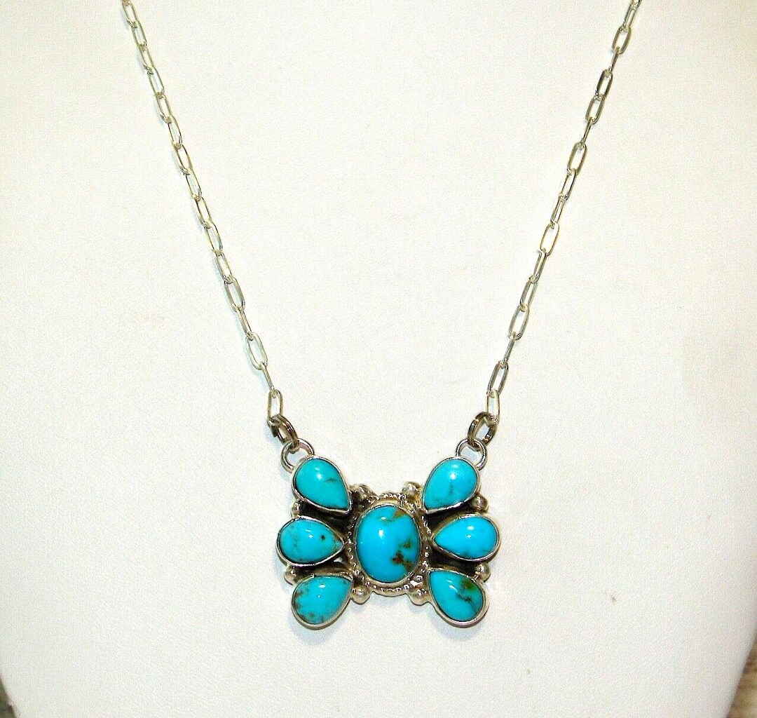 Navajo Kingman Turquoise Cluster Bar Pendant Necklace Sterling M James ...