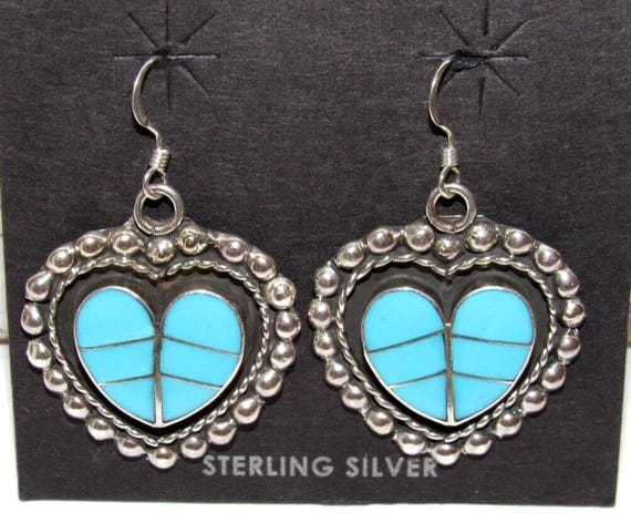 Zuni Turquoise Inlay & Sterling Silver Heart Dang… - image 3