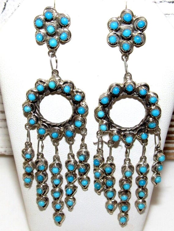 Fab Zuni Native American Needle Turquoise Sterling Silver Chandelier Earrings Fab Zuni Native American Needle Turquoise Sterling Silver Chandelier Earrings