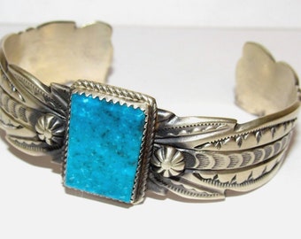 Navajo Kingman Turquoise Cuff Bracelet Ingot Sterling Silver V Cayatineto