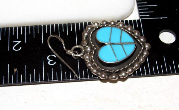 Zuni Turquoise Inlay & Sterling Silver Heart Dang… - image 2