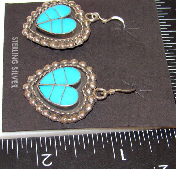 Zuni Turquoise Inlay & Sterling Silver Heart Dang… - image 4