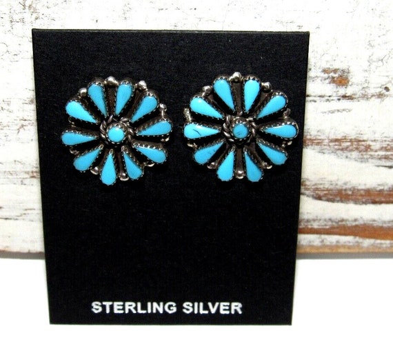 Zuni Turquoise Cluster Earrings Sterling Silver - image 2