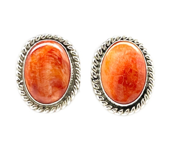 Navajo Orange Spiny Post Earrings Sterling Silver… - image 3