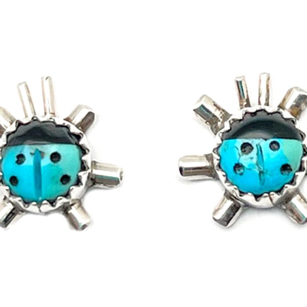 Navajo Lady Bug Inlay Post Earrings Turquoise Jet A. McCabe