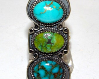 Navajo Royston & Number 8 Turquoise Statement Ring Sz 10 Sterling Silver Signed