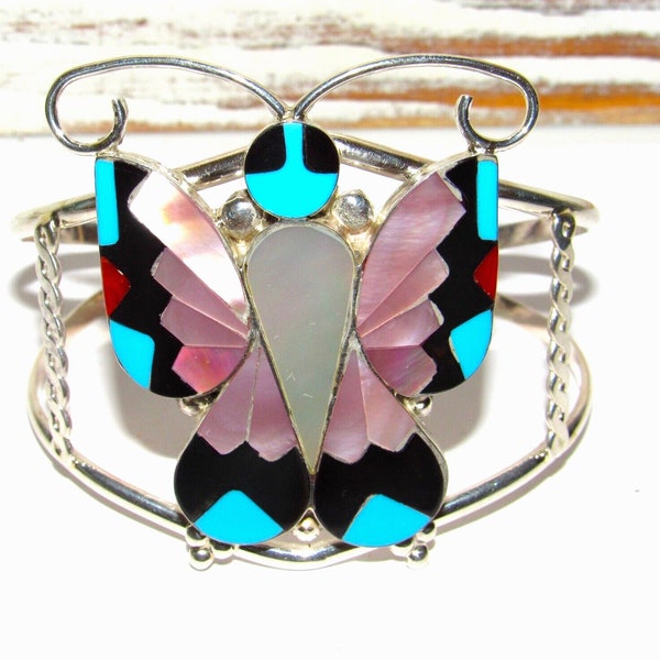 Massive Zuni Inlay Butterfly Cuff Bracelet Sterling Silver Alison Dishta