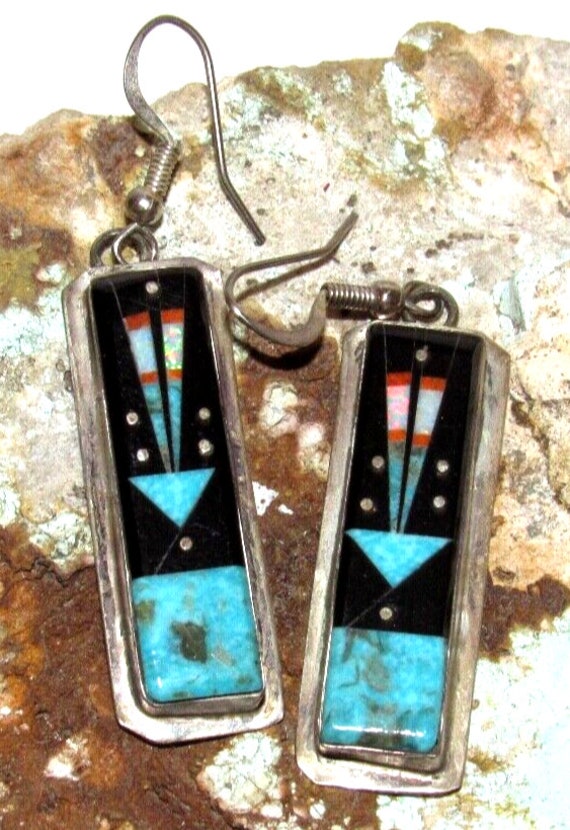 VTG Navajo Inlay Galaxy Earrings Turquoise Jet Ste