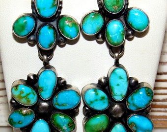 Navajo Sonoran Gold Turquoise Cluster Dangle Statement Earrings Sterling Silver