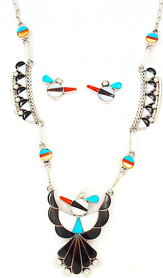 Zuni Inlay Thunderbird Necklace Earrings Set L. Ah