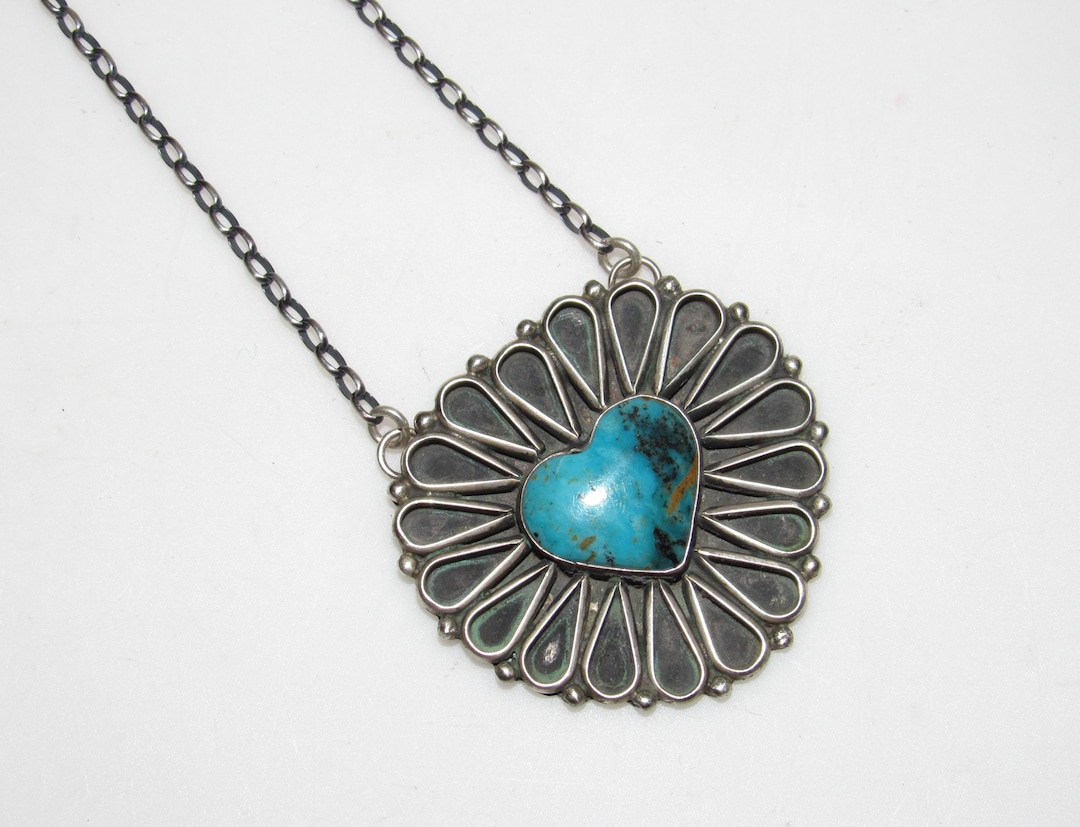 Navajo Kingman Turquoise Heart Bar Necklace Sterling Silver Native G ...