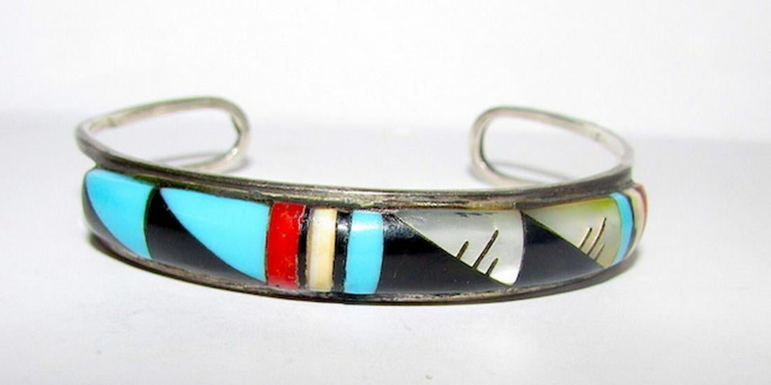 Vintage Zuni Inlay Bracelet Sterling Silver Turquoise Mother Etsy