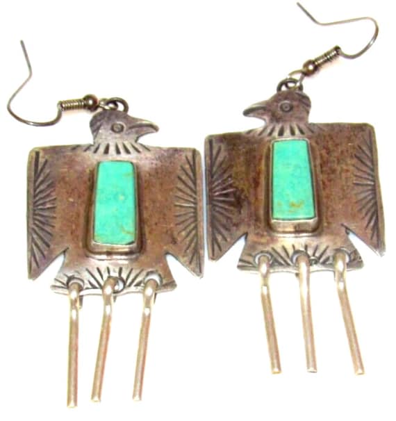 VTG Navajo Thunderbird Earrings Hand Stamped Ster… - image 1