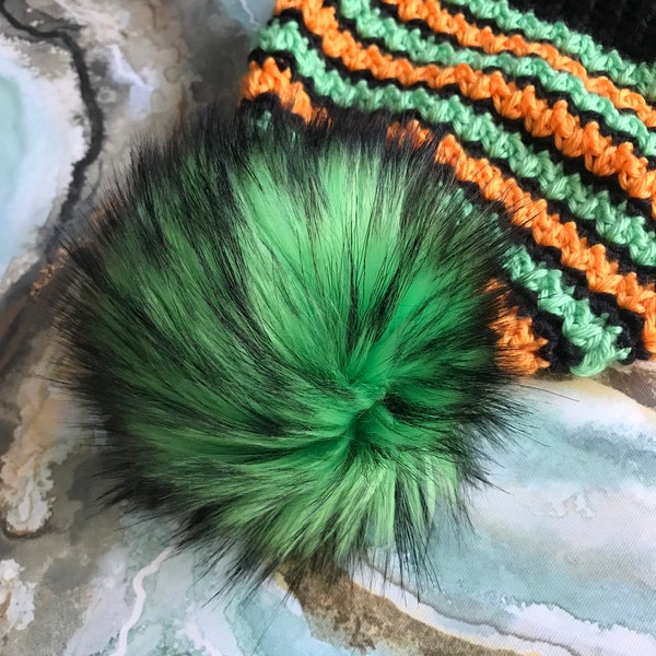 Boogie, green Faux fur pompom with black, faux fur pom pom, 5 in, 6 inch, handmade, green and black, luxury green faux fur pom pom, xl