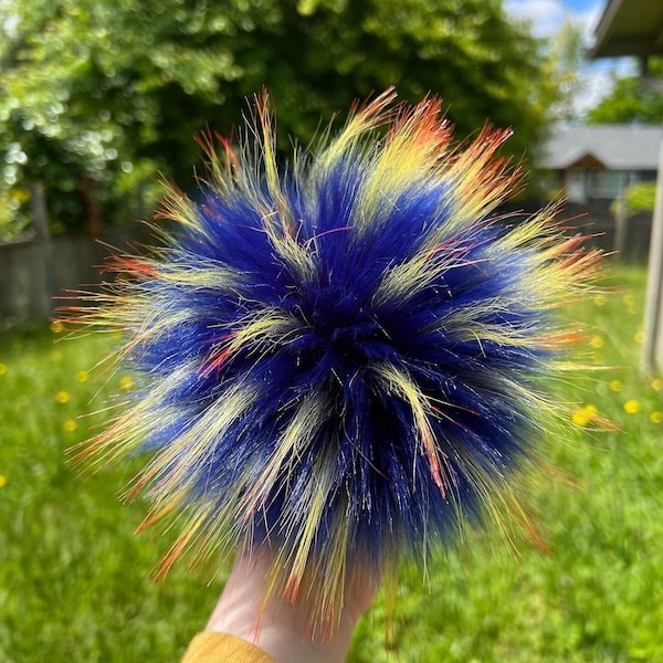 Mystic, made to order faux fur pompom, Luxury, blue pompom, 5-6 inch pompom, handmade, faux fur Pom Pom, vegan fur, orange and yellow tips