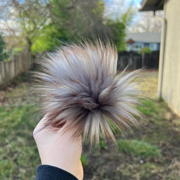 London Fog, made to order faux fur pompom, Luxury, light gray pompom, 4-6 inch pompom, handmade, snap pompom, vegan, gray and brown pompom