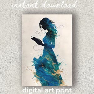Stampa artistica di una donna che legge ad acquerello - Download digitale - Decorazione da parete per amanti dei libri, Silhouette della galassia, Stampabile
