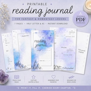 May include: Printable reading journal for fantasy and romantasy lovers. The journal features a watercolour design with blue and purple hues, mountain illustrations, and text that reads "reading journal". Includes pages to track reads, capture quotes, and remember favourites.