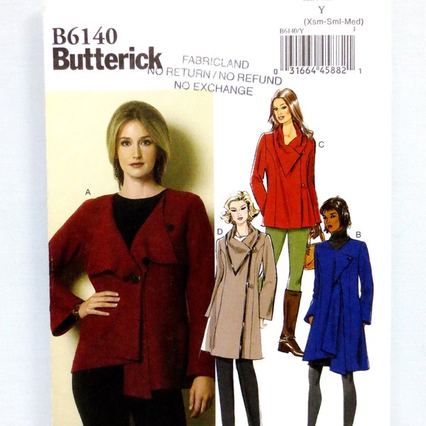 Butterick 6140 Misses Semi-Fitted Unlined Jacket and Coat Sizes XS-S-M (4-14) Bust 29-1/2-36" Princess Seams Easy Uncut FF 2014