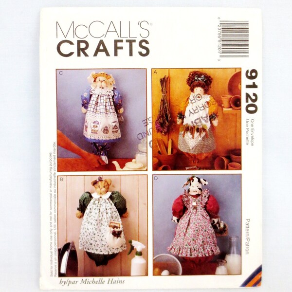 McCalls #9120 Decorative Plastic Bag Holder 4 Styles Doll Cat Bunny Cow 16" Kitchen Storage Craft Michelle Haines Uncut FF 1997