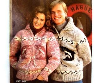 White Buffalo #6130 Cowichan Style Salmon Sweater Knitting Pattern Digital PDF Adult Sizes 32-44 Bonus "Design Your Own" Charts B2G1 Sale