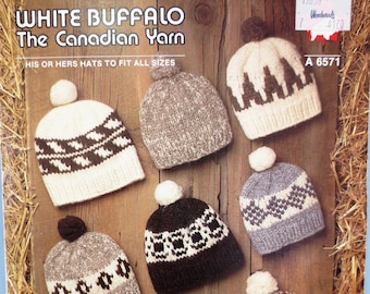 White Buffalo Wool Knit Toques #6571 Family Sizes S-XL Child/Adult Winter Hats Digital PDF Plus Older Pattern Cowichan Style B2G1 Sale