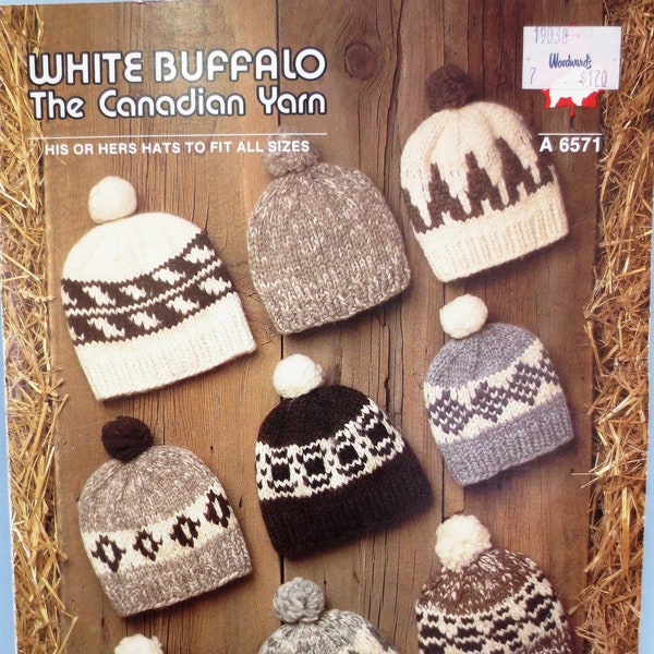 White Buffalo Wool Knit Toques #6571 Sizes S-XL Child/Adult Winter Hats Digital PDF Plus Older Pattern Cowichan Style B2G1 Sale