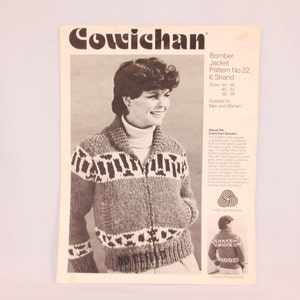 Capa de suéter estilo bombardero Cowichan tejer patrón #22 PDF Tallas 36-46 búfalo blanco lana plus 